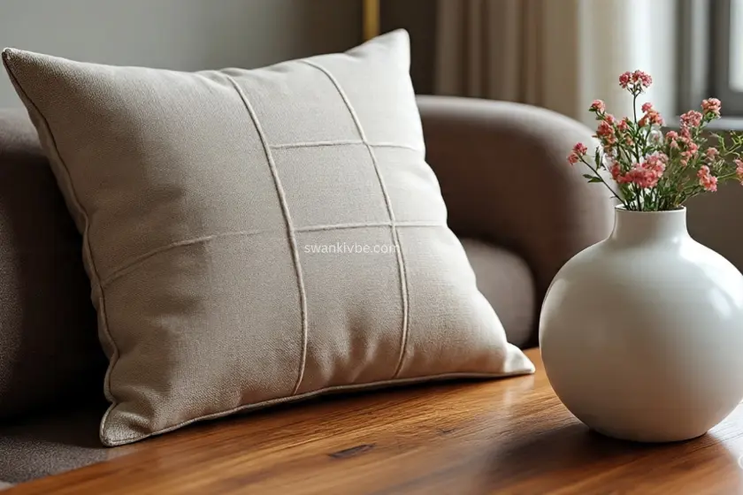 Neutral-toned throw pillows and a white vase on a wooden coffee table