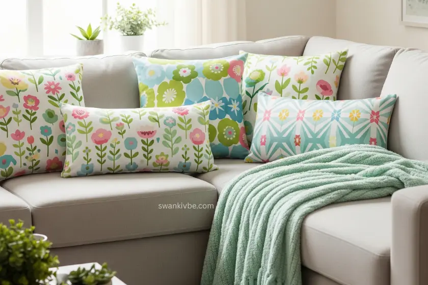 Couch with a mix of spring pillow covers and a soft throw