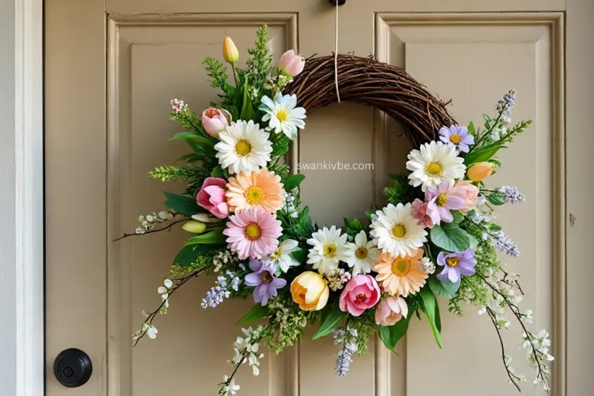 A hand-made floral spring wreath hanging on a front door