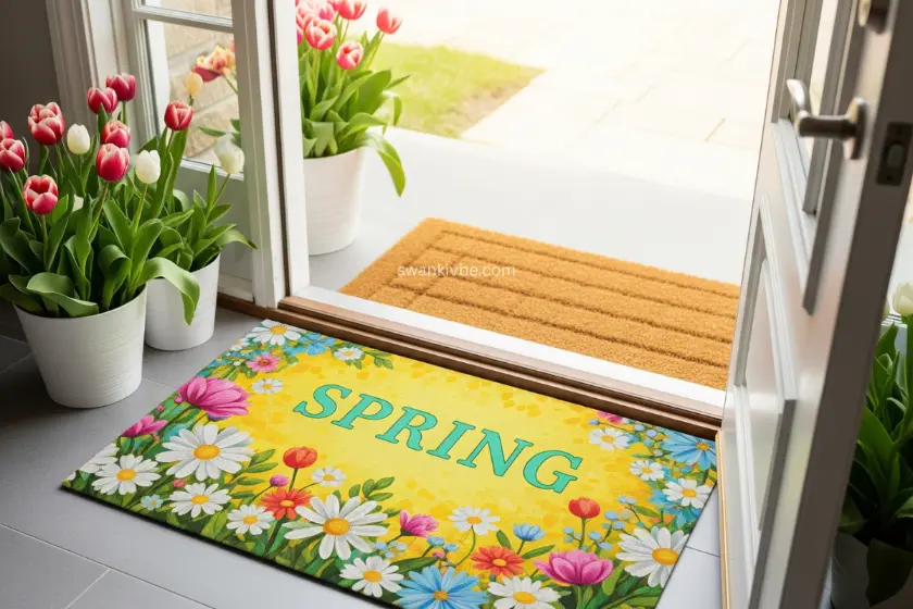 Entryway with a spring-themed doormat and potted tulips