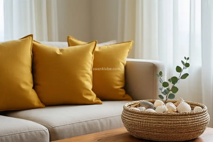  Living room with yellow pillows, white curtains, and a woven basket with seashells