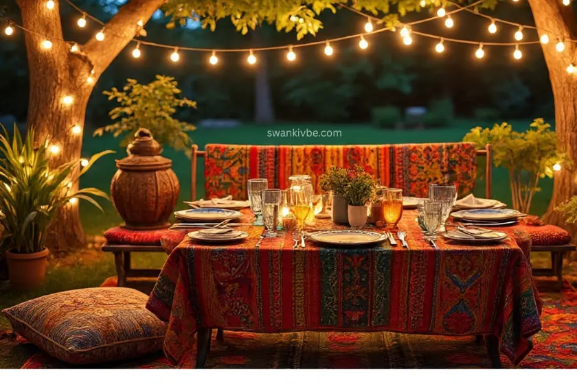 Backyard table setup with string lights and colorful budget decor