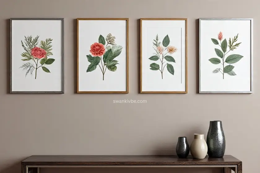 Wall gallery of framed botanical prints above a console table
