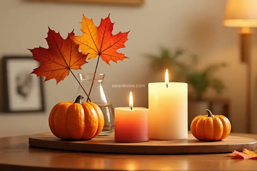 Coffee table with candles, mini pumpkins, and autumn leaves