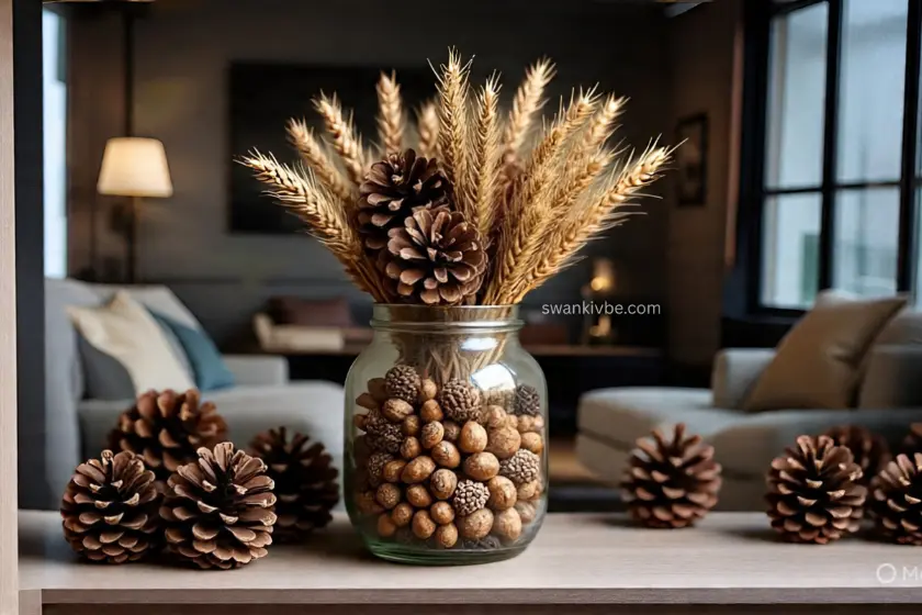 Glass jar filled with pinecones and wheat on a wooden shelf