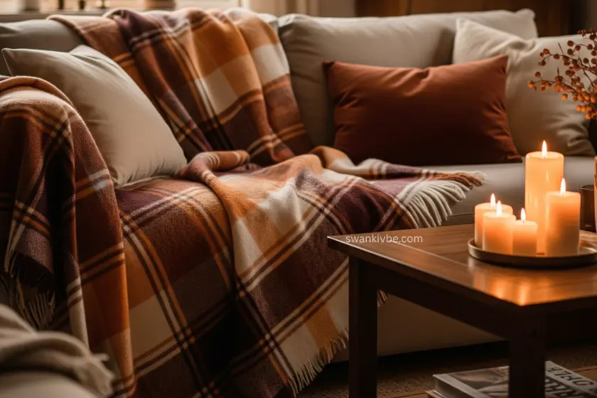 Living room with plaid blanket, candles, and soft fall hues
