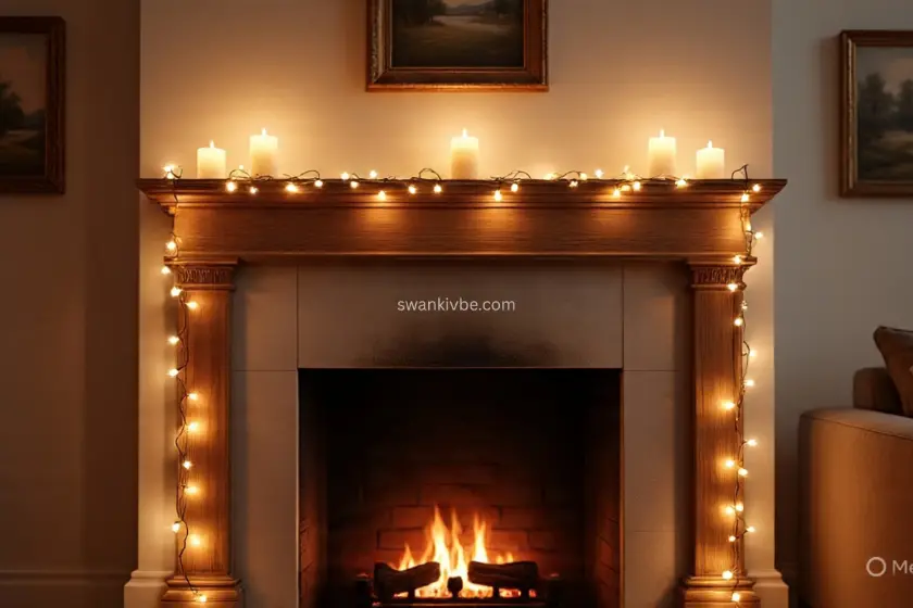 Fairy lights strung along a fireplace mantel with candles above