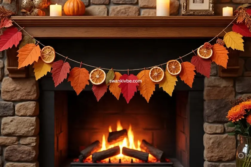 Handmade garland with felt leaves and dried orange slices hanging on a fireplace
