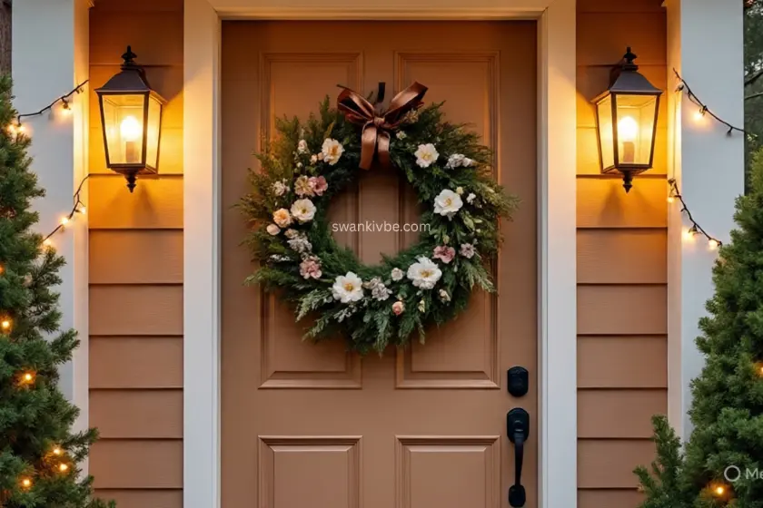 Entryway with a wreath, lanterns, and string lights