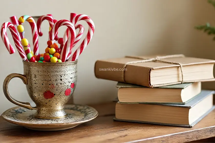 Books wrapped in kraft paper and a mug filled with candy canes on a side table