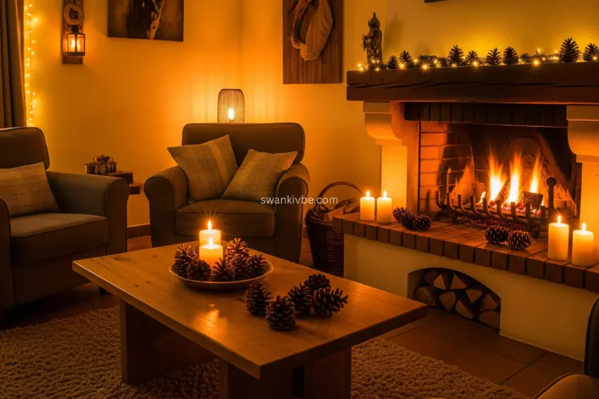 Cozy living room with candles, lights, and pinecones