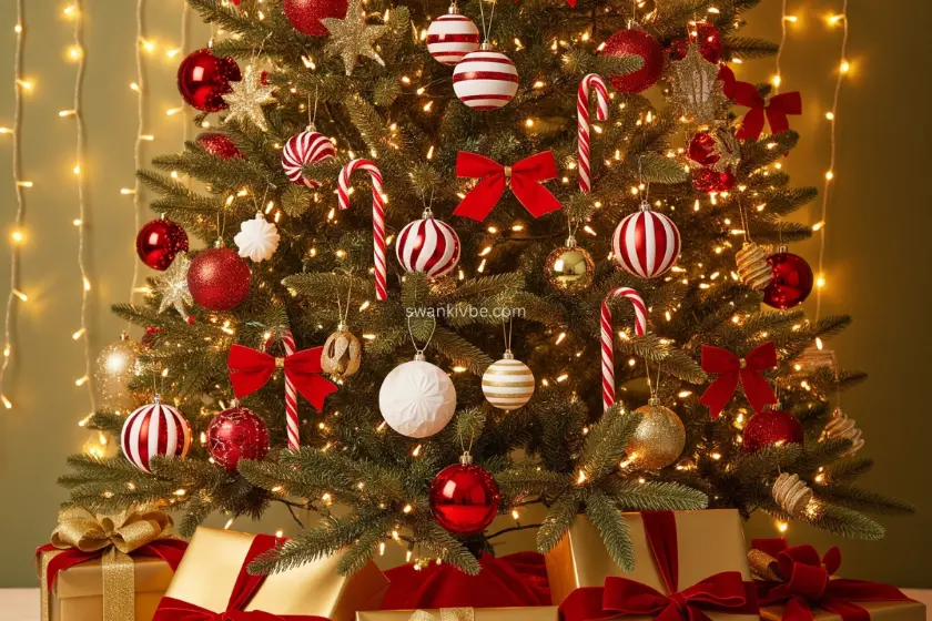 Christmas tree decorated in red, white, and gold with matching wrapped gifts