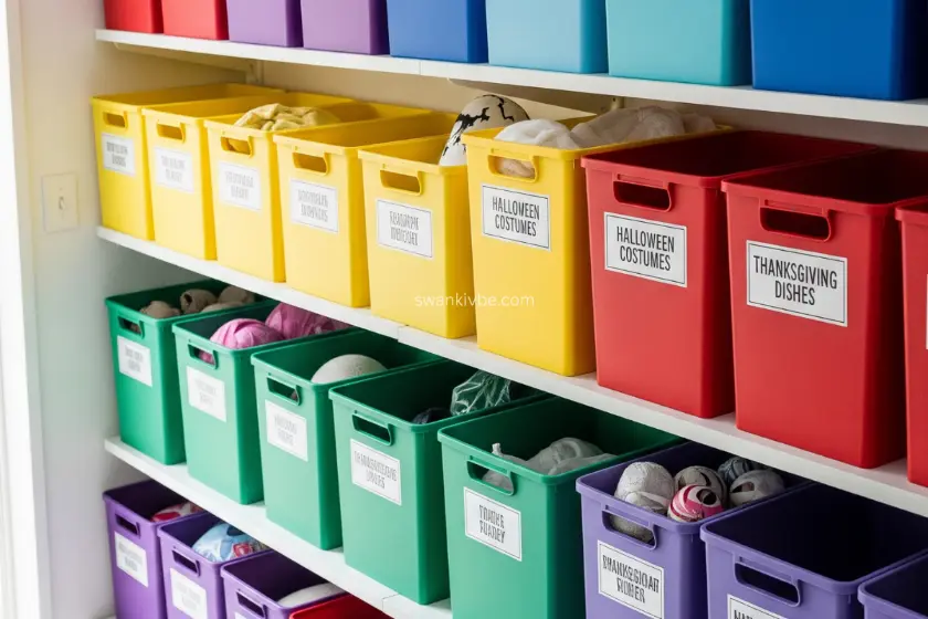  Clear storage bins neatly labeled by season on metal shelving