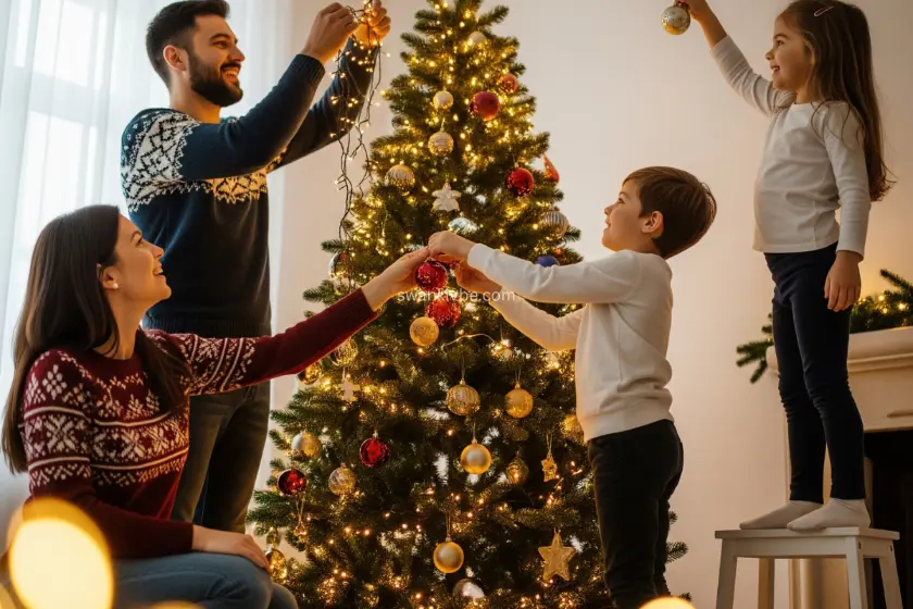 Family decorating a Christmas tree or hanging a wreath together