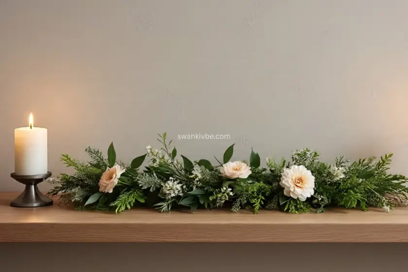  A simple shelf with one elegant garland and a candle holder