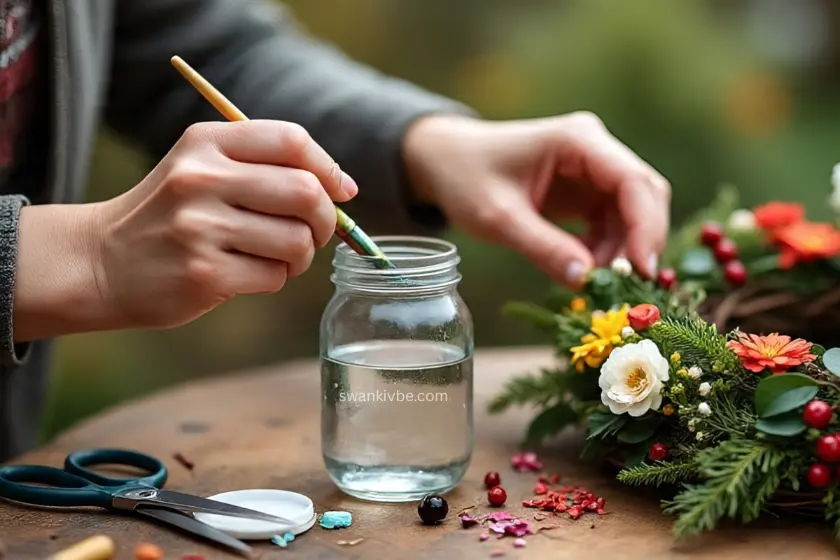 Hands painting a mason jar or cutting a seasonal wreath