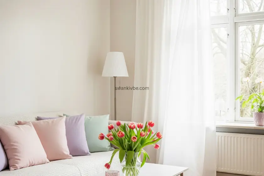 A living room with pastel cushions, fresh tulips, and airy curtains