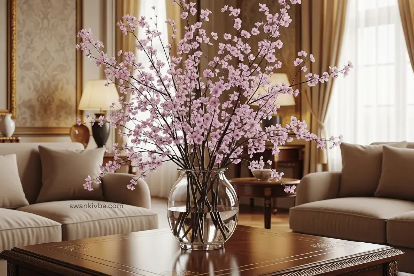 Coffee table with a glass vase of blooming cherry blossom branches