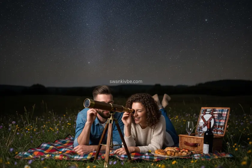 A couple on a blanket with a picnic basket, gazing through a telescope at a starry sky.