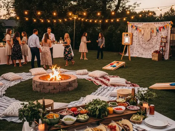 feature image for party essentials- A vibrant dusk scene of an outdoor party