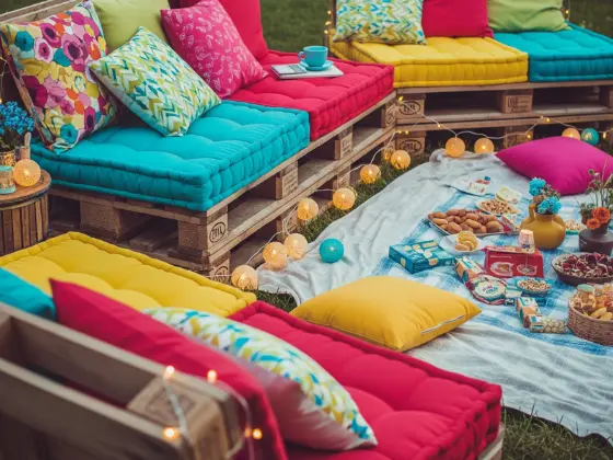 A cozy setup of pallet seating with colorful cushions