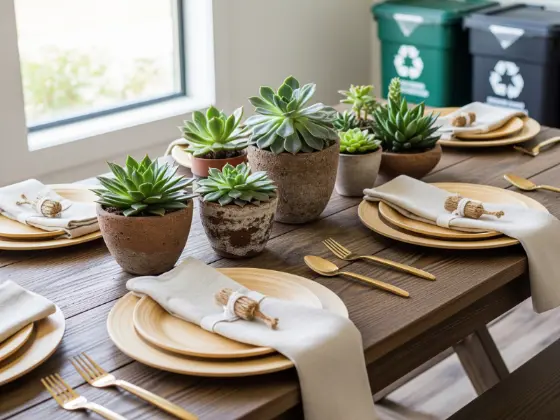 A table with bamboo plates, cloth napkins,