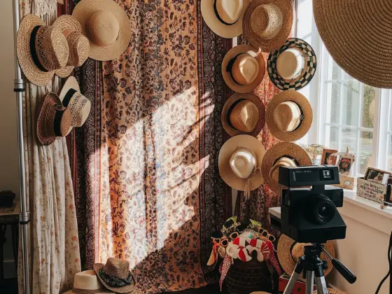  A boho photo booth with a thrifted curtain backdrop,