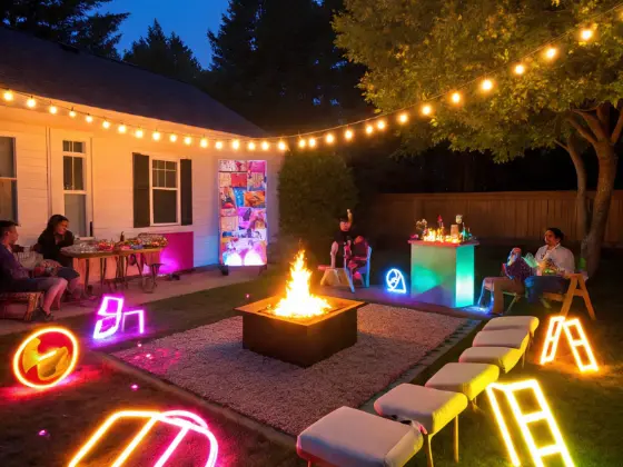 A panoramic view of a backyard party with all essentials—fire pit, photo booth, food bar, and glowing games—under string lights.