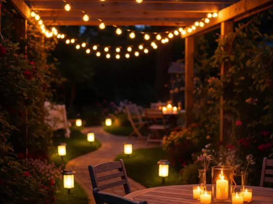String lights draped over a pergola, with solar lanterns lining a pathway 