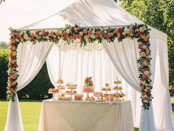 A pop-up canopy decorated with sheer curtains and garlands