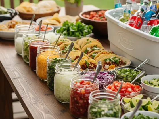  A rustic wooden table with a taco bar, mason jars of toppings
