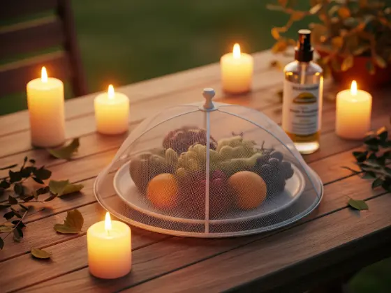 Citronella candles glowing on a table, with a mesh food cover