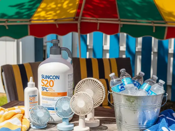 A sunscreen station with a bulk bottle, handheld fans