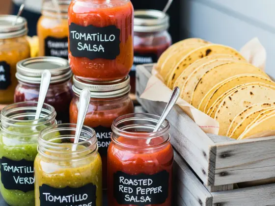 A taco bar with colorful mason jars of salsa