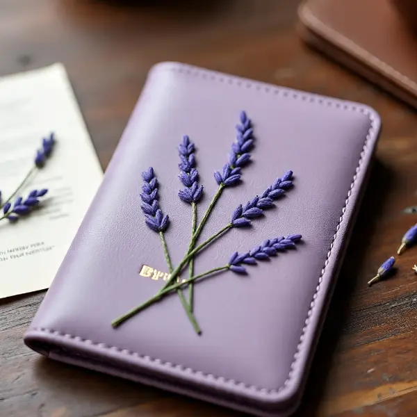 A soft purple passport cover with hand-stitched lavender sprigs.