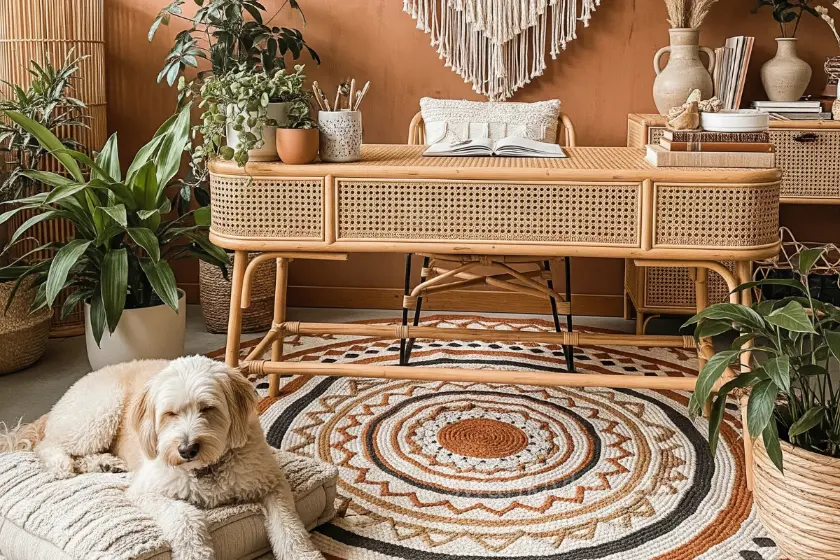 Image Idea: A cozy desk with a woven rug, macramé wall hanging, and a potted plant, with Luna napping on a plush cushion nearby, set against a warm terracotta wall. Add a text overlay like “Boho Vibes, Boss Work!” in a bold, white font with a mustard yellow outline for Pinterest pop.