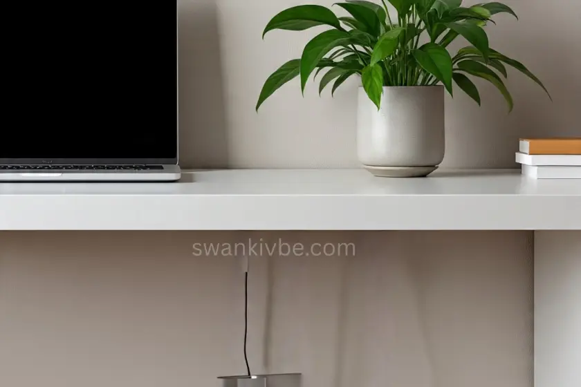 A desk with a cable organizer tucked underneath, cords neatly coiled, with a laptop and a plant above, against a neutral wall.