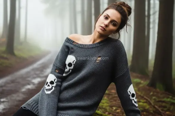 A model rocks an oversized charcoal sweater with skull embroidery, paired with ripped jeans, standing on a foggy forest path for a sinister-chic fall look.