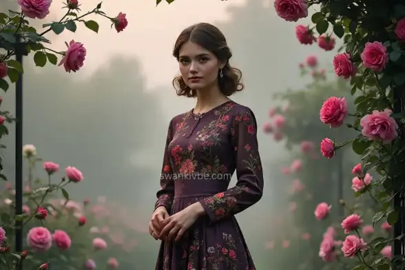 A model wears a burgundy floral maxi dress with a cameo pendant, standing in a misty rose garden, exuding gothic romance.