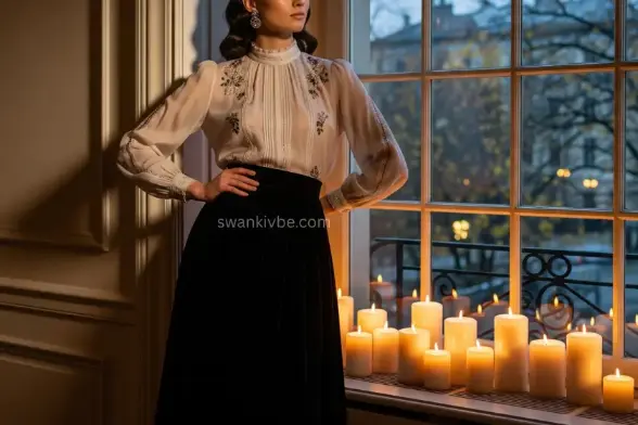 A model wears a velvet skirt and sheer blouse with a crystal pendant, standing by a candlelit window, radiating enchanting fall style.