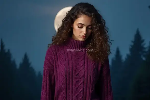 A model wears a plum cable-knit sweater with a bat brooch, standing under a glowing full moon, perfect for eerie fall nights.
