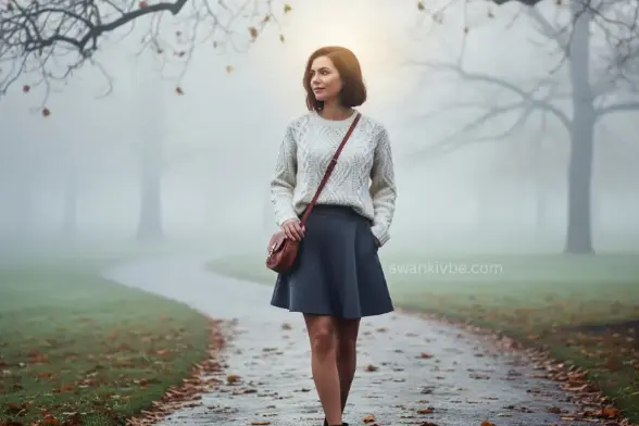 A model wears a cream sweater and gray maxi skirt with a sheer scarf, strolling through a foggy park, embodying ghostly fall elegance.
