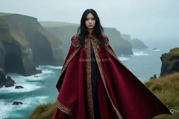  A model wears a crimson cape over a turtleneck dress, standing on a foggy cliffside, exuding dramatic spooky fall flair.