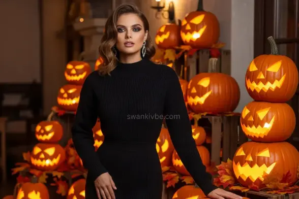 A model wears a black sweater dress with a ghost-charm pendant, standing by a jack-o’-lantern display, embodying subtle festive style.