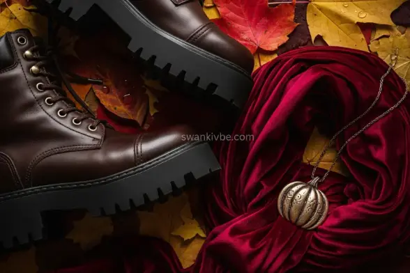 A flat-lay featuring fall fashion items like chunky boots, a velvet scarf, and a pumpkin pendant, arranged on vibrant autumn leaves, capturing spooky-chic vibes.