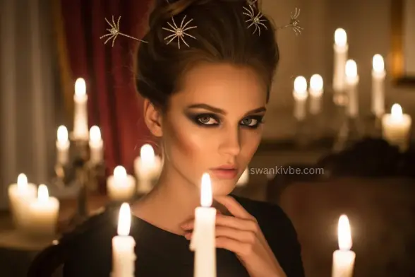 A model sports smoky eyes and spider-shaped hairpins in a candlelit room, adding spooky-chic beauty to a fall look.