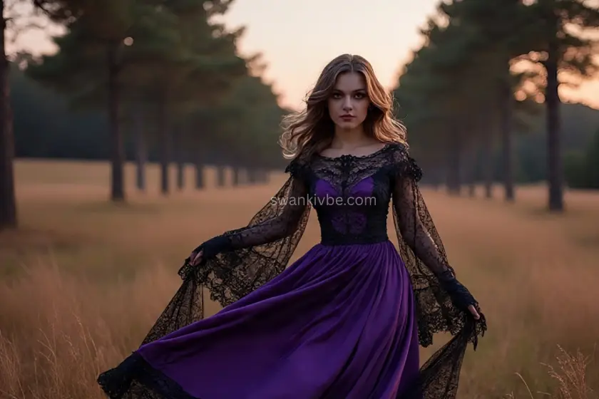 A model twirls in an amethyst maxi dress with lace details, set against a golden-hour field, perfect for a spooky fall evening.