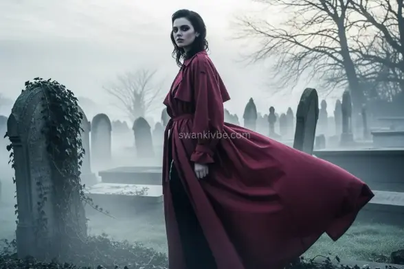 A model wears a deep burgundy trench coat with a raven brooch, standing in a misty graveyard, channeling haunted novel vibes.
