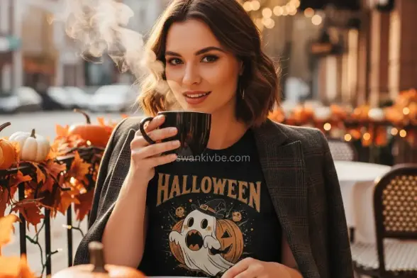 A model wears a “Witch Please” graphic tee with a tailored blazer, sipping coffee at a cozy fall café, blending playful and polished vibes.