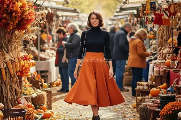 A model rocks a black turtleneck and orange midi skirt, strolling through a bustling fall market, embodying a modern spooky palette.